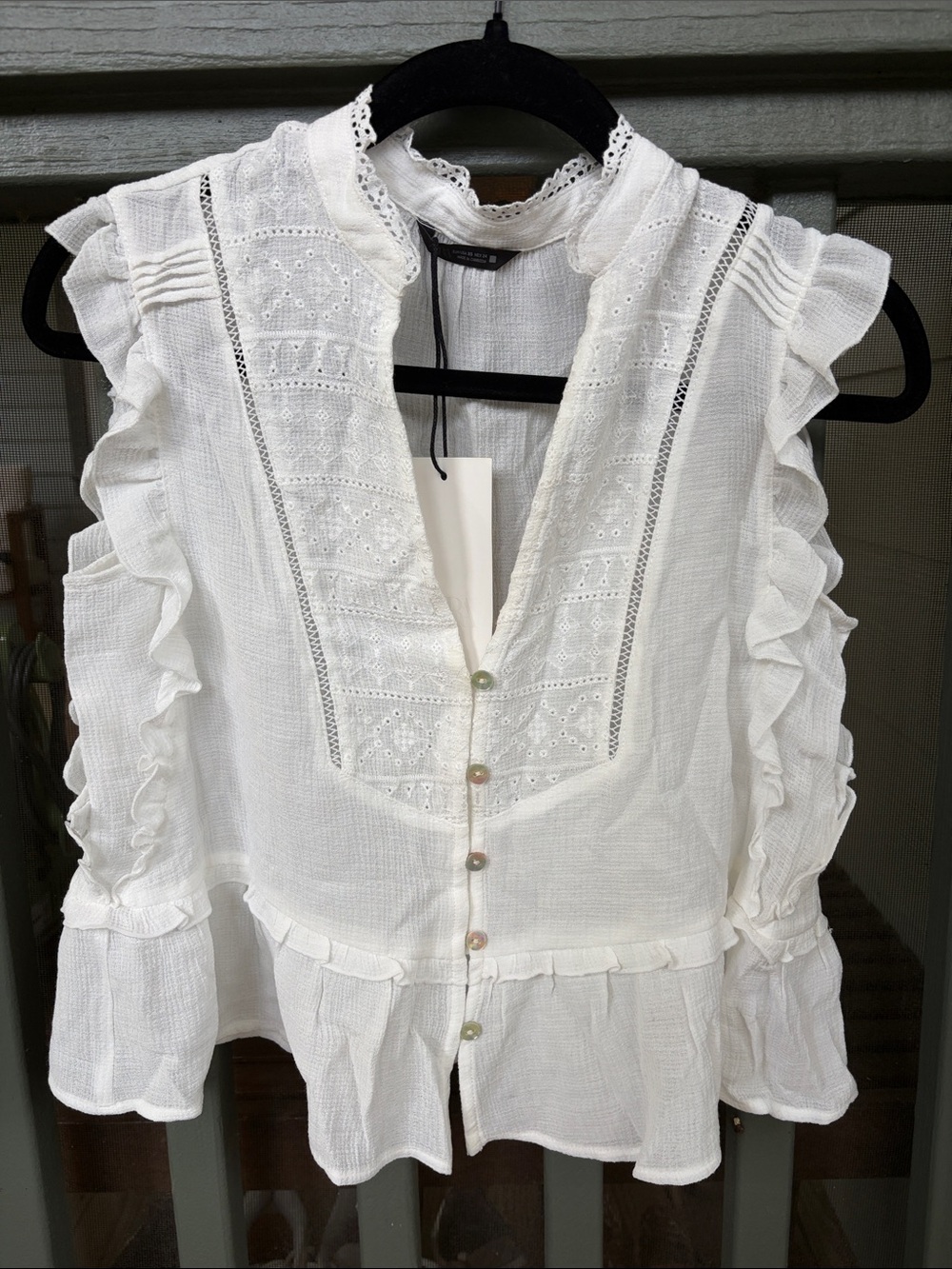 Zara Women's White Ruffle Eyelet Button-Front Top